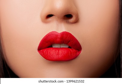 Sexy Sensual Red Lip, mouth open. red matte lips. Close-up Beautiful lips, portrait Fashion model. Beauty Fashion Model  Make-up. Sexy Girl Portrait  perfect make up.Beauty and Make-up. - Image      