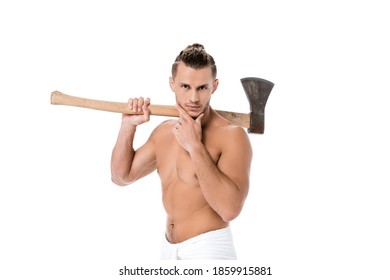 Sexy Shirtless Man In Towel Posing With Ax Isolated On White