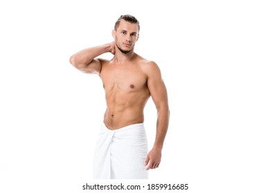 Sexy Shirtless Man In Towel Posing Isolated On White