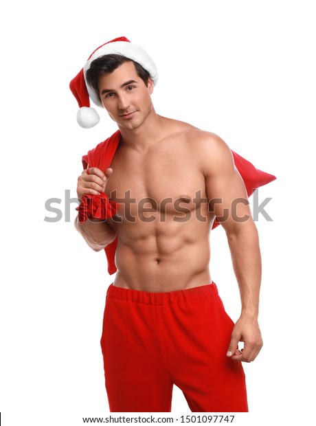 Sexy Shirtless Santa Claus On White Stockfoto Shutterstock