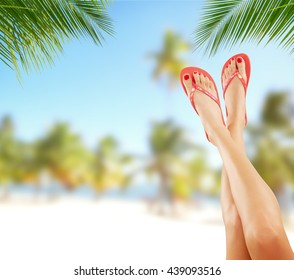 Sexy Smooth Woman Legs With Tropical Beach On Background. Cosmetics Concept For Summer