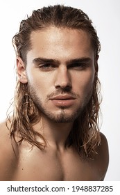 Sexy Sport Muscle Strongface Blond Guy With Long Hair In White Underwear On White Isolated  Font Background