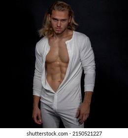 Sexy Sport Muscle Strongface Blond Guy With Long Hair In Underwear On Black Isolated  Font Background