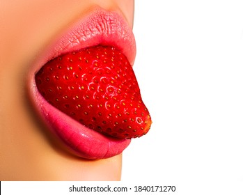 Sexy strawberry tongue, erotica. Woman mouth, passion lick and sensual suck. Summer cocktail