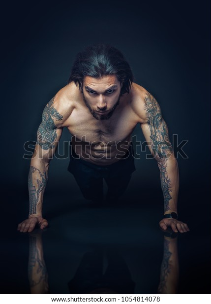 Sexy Strong Bodybuilder Tattoo Athletic Fitness Stock Photo 1054814078