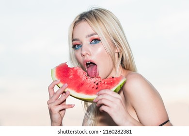 Sexy Summer Tropical Fruit. Sensual Young Woman Lick Watermelon With Sexy Tongue. Sexy Summer.