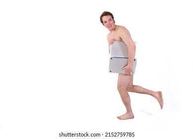 Sexy Topless Man With A Laptop In His Hands. Funny Office Worker On A White Background. Isolate. Man In Full Growth.
