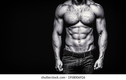 Sexy Torso. Handsome Big Muscles Man Posing At Studio. Muscular Sexy Man. Handsome Sexual Strong Man With Muscular Body. Torso With Six Pack And Ab Muscle. Abs And Biceps. Strong Brutal Guy.