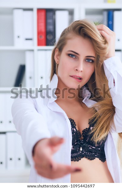 Mans Hand Pulls Bra Out Beauitiful Stock Photo 1064044103