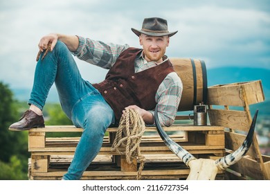 Sexy Western Man With Cowboy Hat. Men Retro Fashion, Vintage Vogue, Brutal Male Model.