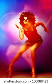 Sexy Woman With Afro Haircut Is Dancing Disco. Disco 80 Style.