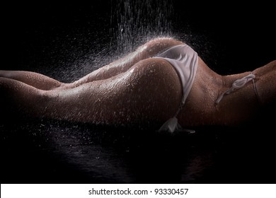 Sexy Woman Butts Under Shower, Black Background