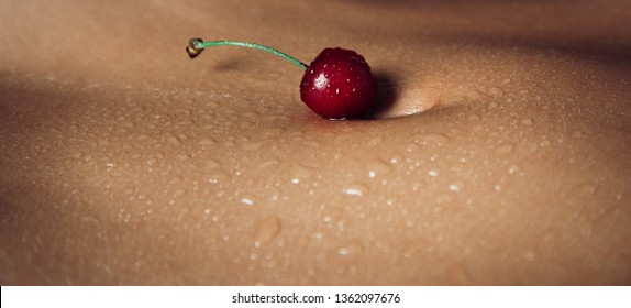 Sexy Woman Concept. Sexy Detail Of A Girl Body. Naked Sensual Beautiful Girl. Summer Fruit. Erotica Love Game. Fit Woman Body And Cherry Fruit. Sensual Concept. Sexuality. Beautiful Girl. Hot Game.