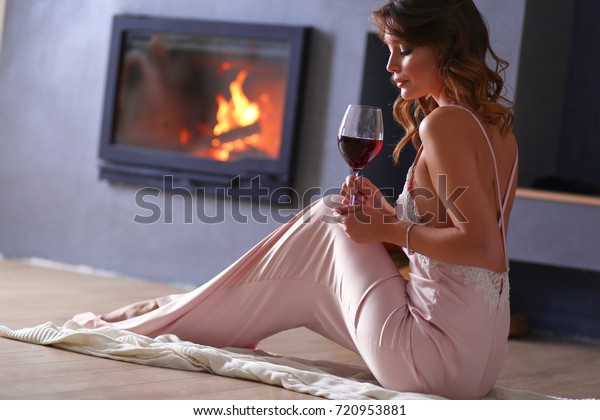 Sexy Woman Front Fireplace Wood Fireplace Stock Photo Edit Now