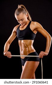 Sexy Woman Gonna To Measure Her Waist Belly By Metre Stick. Tanned Blonde Keeping Her Fit.