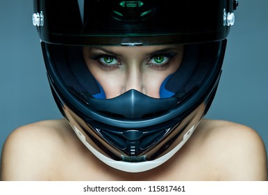Sexy Woman In Helmet On Blue Background