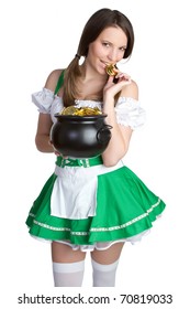 Sexy woman holding pot of gold