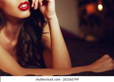 Sexy Woman With Red Lips On Bed Closeup, Sensual Lover
