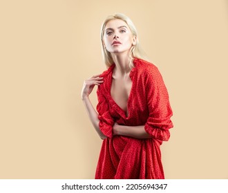 Sexy Woman In Red Polkadot Dress. Trandy Fashion.