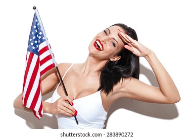 Sexy Woman Salute With Usa Flag, Independence Day