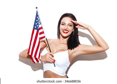 Sexy Woman Salute With Usa Flag, Independence Day