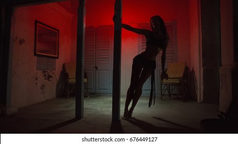 Sexy Woman Silhouette Dancing At The Hotel. Pole Dancer Female Stripper In The Night. Sensual Red Light, Noir Style. Beautiful Dancing Girl With Sexy Body. Hot Erotic Private Dance, Striptease.