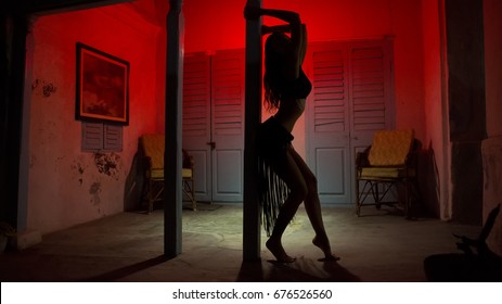 Sexy Woman Silhouette Dancing At The Hotel. Pole Dancer Female Stripper In The Night. Sensual Red Light, Noir Style. Beautiful Dancing Girl With Sexy Body. Hot Erotic Private Dance, Striptease