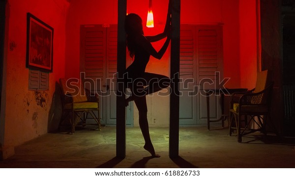 Sexy Woman Silhouette Dancing at the Hotel.
Pole Dancer female Stripper in the Night Sensual Red light, noir
style. Beautiful Dancing Girl with Sexy Body. Romantic Hot Erotic
Private dance, striptease