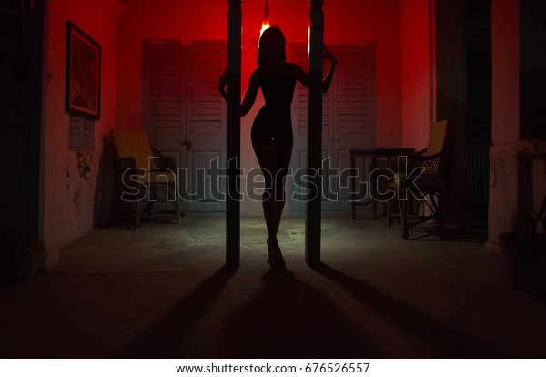 Sexy\
Woman Silhouette Dancing at the Hotel. Pole Dancer female Stripper\
in the Night. Sensual Red light, noir style. Beautiful Dancing Girl\
with Sexy Body. Hot Erotic Private dance,\
striptease