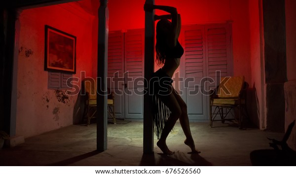 Sexy Woman Silhouette Dancing Hotel Pole Stock Photo Edit