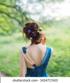 Sexy Woman Silhouette Fashionable Hairstyle Decorated Flowers Long Red Hair Hairdresser, Summer Nature Image  Graduation Prom Wedding, Forest Nymph In Water Color Blue Dress Art Back Without Face