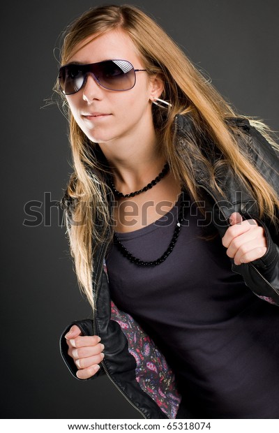 Sexy Woman Sunglasses Open Leather Jacket Stock Photo (Edit Now) 65318074