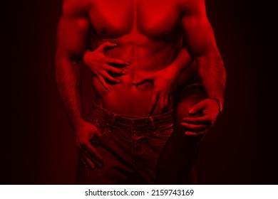 Sexy Young Couple Body At Night In Red Light, Woman Embrace Man Abs