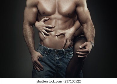 Sexy Young Couple Body At Night, Woman Embrace Man Abs