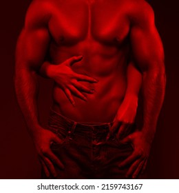 Sexy Young Couple Body In Red Light, Woman Embrace Man Abs