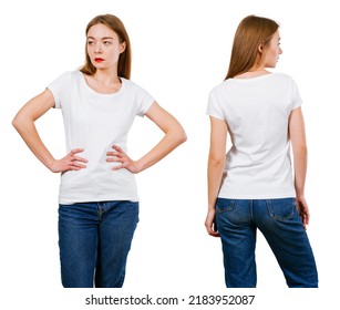 Sexy Young Woman Wearing Jeans And Blank White Shirt, Front And Back.