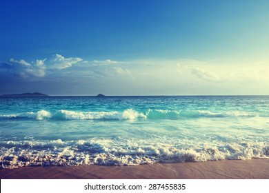 Seychelles Beach In Sunset Time