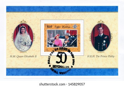 SEYCHELLES - CIRCA 1997: A Stamp Printed In Seychelles, Shows Portraits Of Queen Elizabeth II And Prince Philip, Golden Wedding Circa 1997