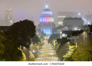 SF City Hall 2020 Pride Week. San Francisco City Hall Lit In Rainbow Celebrating Pride Week 2020 On A Foggy Summer Night.