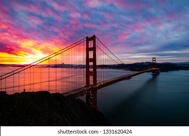 SF Golden Gate Bridge During Beautiful Vibrant Sunrise