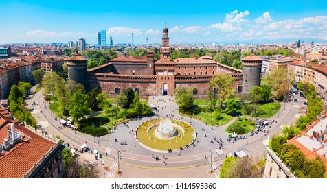 Sforza Castle or Castello Sforzesco aerial panoramic view. Sforza Castle is located in Milan city in northern Italy.