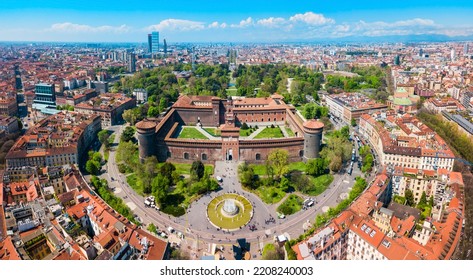 Sforza Castle or Castello Sforzesco aerial panoramic view. Sforza Castle is located in Milan city in northern Italy.