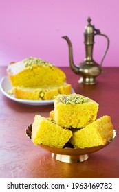 Sfouf Lebanese Semolina Turmeric Cake. Arabic Cuisine. Vegan Dessert.  Selective Focus.