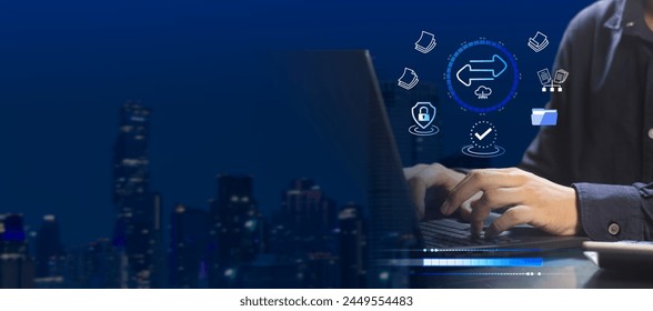  (SFTP) secure file transfer protocol and backup data, document management system, exchange information and data with Internet cloud technology concept