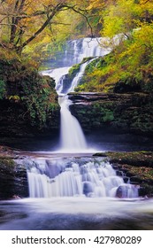 Sgwd Clun Gwyn Isaf Waterfall Of The Brecon Beacons National Park In Wales During The Autumn. 