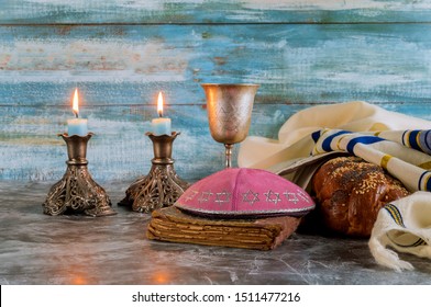 Shabbat Challah Bread, Shabbat Wine And Candles On The Table.