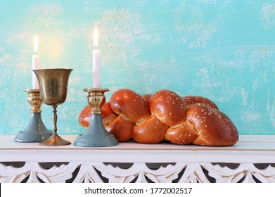 Shabbat Image. Challah Bread, Shabbat Wine And Candles