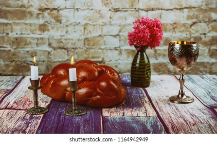 Shabbat Shalom - Traditional Jewish Sabbath challah and wine ritual
