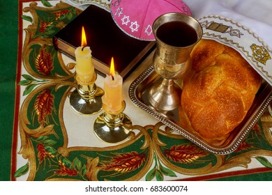 Shabbat Shalom - Traditional Jewish Sabbath Ritual Challah Bread, Wine