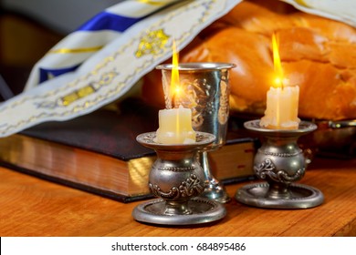 Shabbat Shalom - Traditional Jewish Sabbath Ritual Challah Bread, Wine